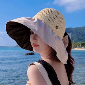 可扎马尾帽子女款夏季遮阳防晒渔夫帽黑胶大檐防紫外线太阳帽百搭