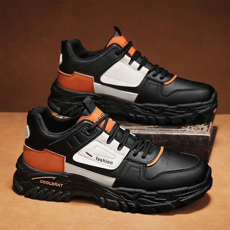 秋季新款男士户外旅游登山鞋皮面拼色低帮系带复古百搭运动男鞋