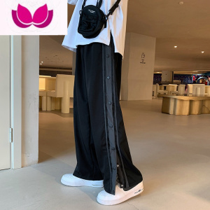 七斓高街排扣裤子男宽松直筒潮牌运动裤ins潮流坠感休闲拖地裤