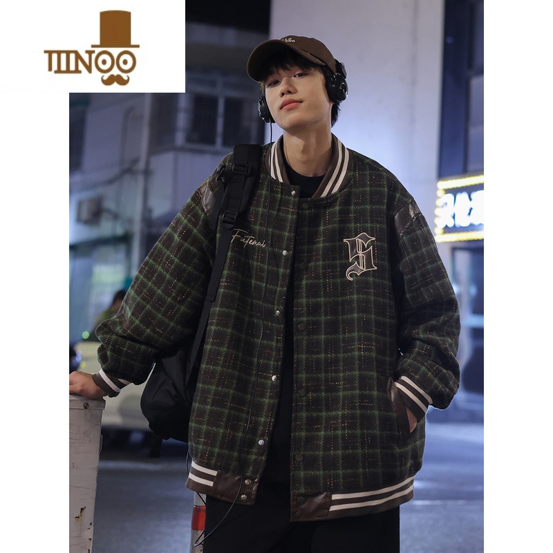 YANXU秋季chic格子刺绣棒球服外套男生款情侣帅气休闲夹克