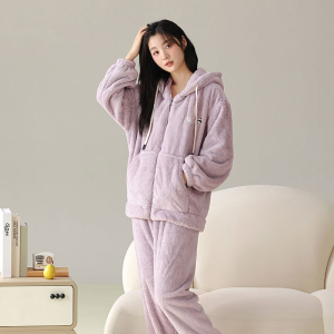 花花公子情侣款睡衣珊瑚绒男女秋冬季加绒保暖休闲家居服长袖套装