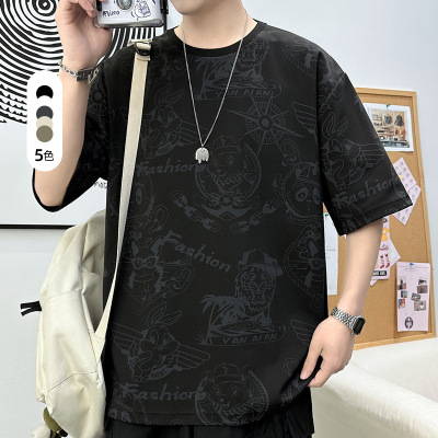 大码男上衣夏季潮流印花圆领T恤男涂鸦新款潮百搭重磅学生男短袖