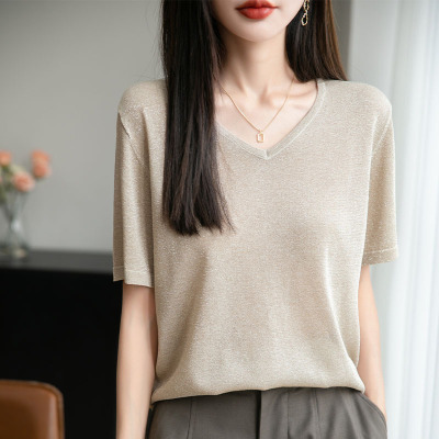 夏季冰丝凉感V领亮丝亲肤透气短袖女薄款针织显瘦百搭T恤上衣内搭
