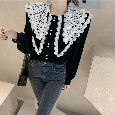 广赫2020秋冬新款时尚气质复古减龄蕾丝拼接娃娃领百搭丝绒衬衫上衣女衬衫