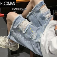 HLCOMAN毛边破洞牛仔短裤男夏季潮牌ins高街大码宽松街头嘻哈漆点五分裤