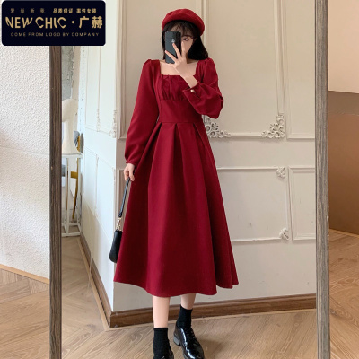 广赫赫本风复古方领红色公主长裙春季新款法式小众女气质高腰连衣裙连衣裙