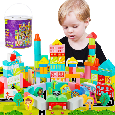 纽奇（Nukied）儿童木质积木玩具益智拼装大颗粒积木男孩女孩3-6岁生日礼物手提桶装城市主题游戏积木182件套