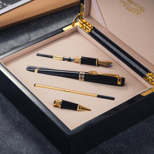 英雄钢笔1111龙夹成人三件套书写练字墨水笔商务办公送礼铱金笔弯尖签名美工笔签字笔礼盒刻字定制 黑色