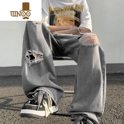 YANXU美式街头嘻哈破洞牛仔裤男夏季潮牌宽松水洗做旧黑灰色阔腿长裤子