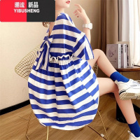 YIBUSHENG大码女装300斤宽松条纹短袖t恤裙2024新款中长款蝴蝶结连衣裙潮