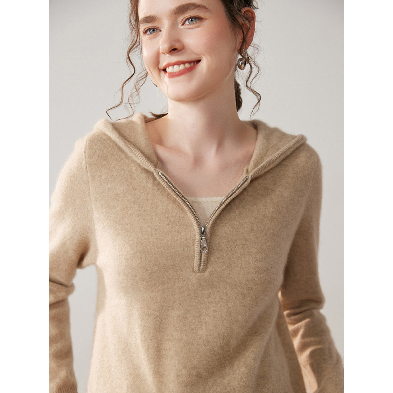 假两件半拉链连帽山羊绒衫女宽松百搭软糯简约针织打底衫毛衣上衣