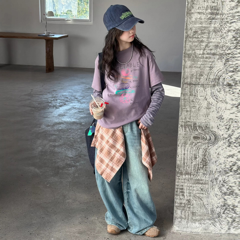 女童春装假两件长袖T恤套装2026新款女孩春季时髦打底衫t牛仔裤潮