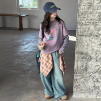 女童春装假两件长袖T恤套装2026新款女孩春季时髦打底衫t牛仔裤潮