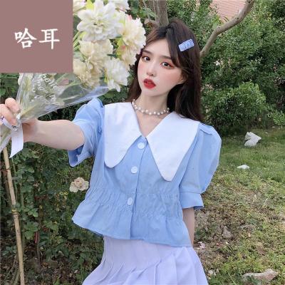 短袖衬衣寸衫女款半袖泡泡袖短款上衣女夏季薄款2021新款甜美减龄辣妹风短袖衬衫ins潮