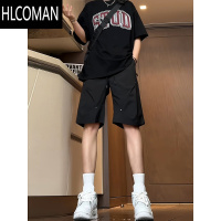 HLCOMAN黑色铆钉短裤男款夏季薄款dk美式工装裤褶皱设计感冰丝冲锋五分裤