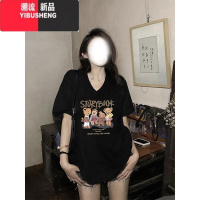 YIBUSHENG季黑色美式短袖t恤女2024新款v领大码女装休闲显瘦宽松上衣