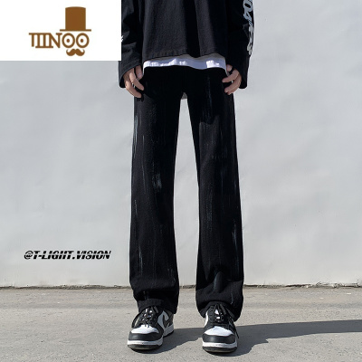 YANXU喷墨牛仔裤男款夏季潮流ins修身高街直筒裤百搭潮牌美式大码裤子