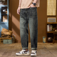 潮牌工装牛仔长裤男 美式复古水洗做旧裤 大口袋锥形裤工厂直供