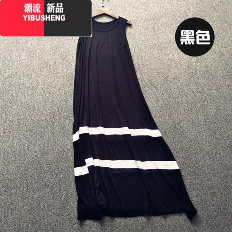 YIBUSHENG莫代尔拼接撞色吊带背心长裙女宽松黑色无袖大摆垂坠a字连衣裙