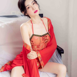 长夜漫漫唐装外套配肚兜 古典美女红色透视肚兜 情趣性感刺绣古装