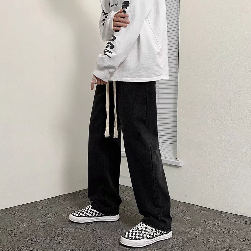 直筒牛仔裤男士春夏季薄款高街复古麻绳腰带垂感阔腿长裤