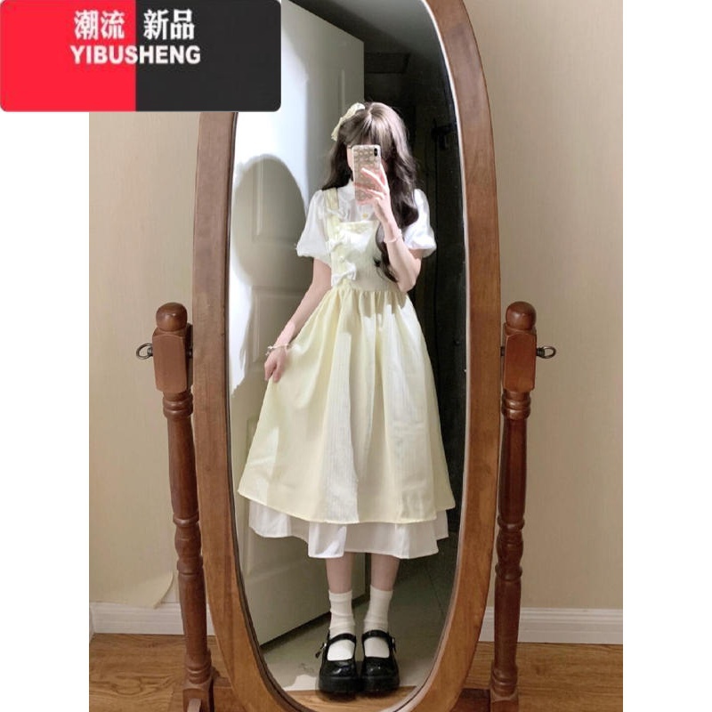 YIBUSHENG法式蝴蝶结假两件连衣裙女季高级感气质收腰显瘦小个子初恋长裙