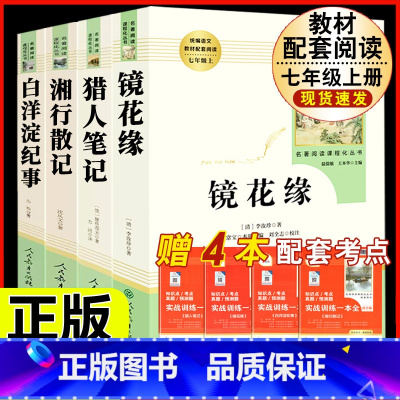 [人教版 4册]镜花缘+猎人笔记+白洋淀纪事+湘行散记 [正版]朝花夕拾鲁迅原著和西游记七年级上册必读的课外书老师推完整