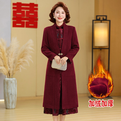 喜婆婆婚宴装冬季加绒中年妈妈连衣裙子两件套中式复古改良旗袍_563