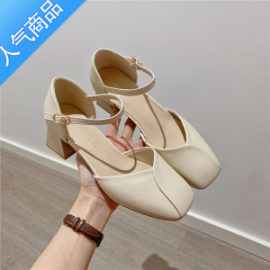 SUNTEK包头搭扣粗跟中跟凉鞋女仙女风女夏2023夏季新款韩版百搭罗马鞋女