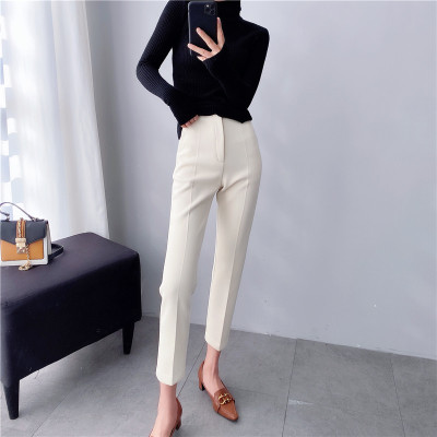 语娄米白色西装裤女高腰显瘦春夏新款九分烟管裤女宽松休闲小脚直筒裤西裤