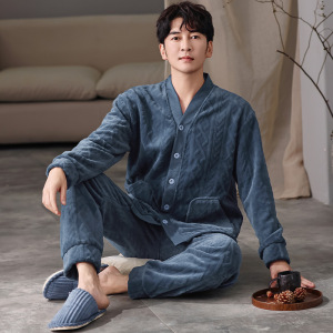 珊瑚绒睡衣男士秋冬季加厚加绒开衫V领纯色休闲保暖法兰绒家居服