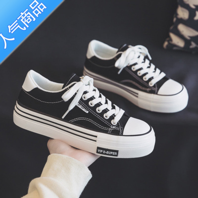 SUNTEK帆布鞋女2023新款春夏秋季黑色低帮厚底增高软底小众休闲板鞋