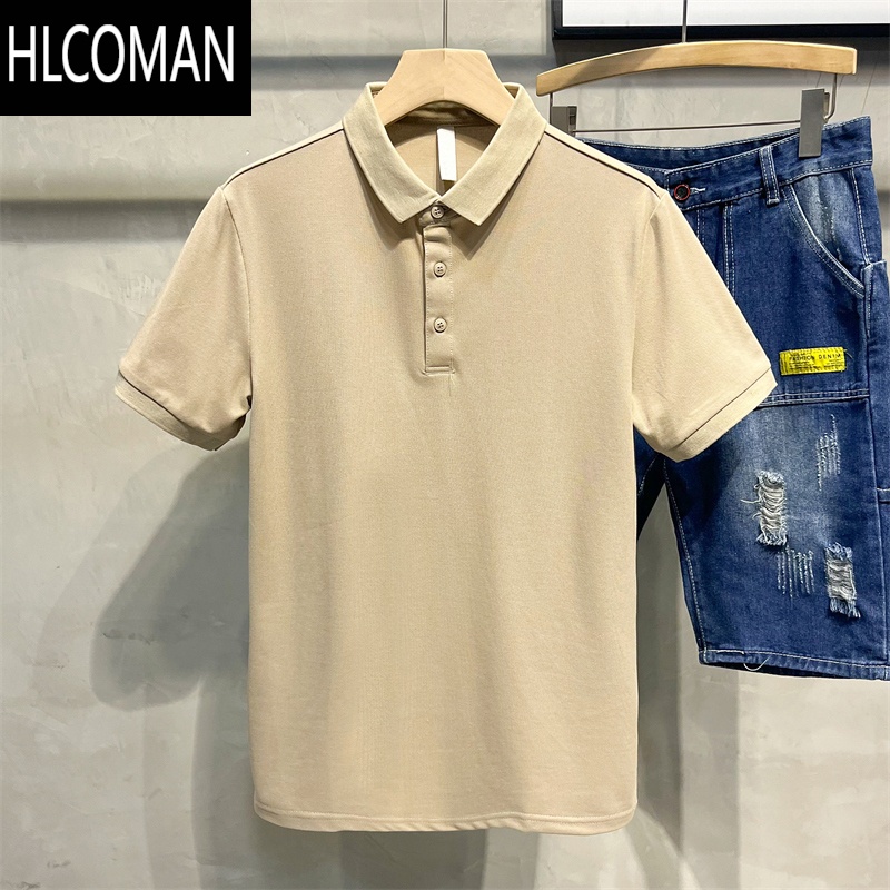 HLCOMAN纯色纽扣翻领冰丝polo衫男生休闲短袖t恤宽松半袖套头上衣打底衫