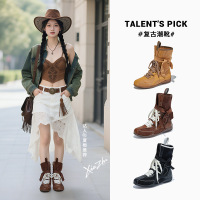 绑带马丁靴女秋冬新款复古英伦风列装靴西部牛仔靴百搭靴子女