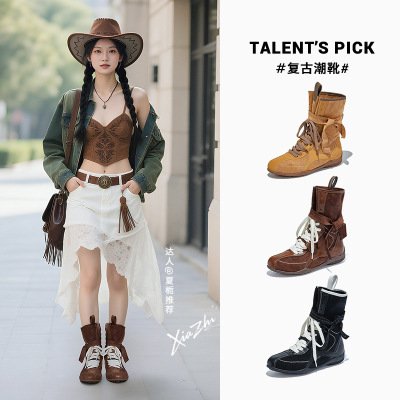 绑带马丁靴女秋冬新款复古英伦风列装靴西部牛仔靴百搭靴子女
