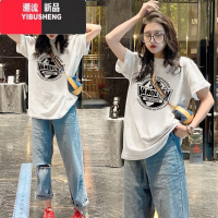 YIBUSHENG美式复古t恤女大码宽松显瘦个性印花奶油杏短袖女上衣ins潮