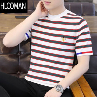 HLCOMAN冰丝短袖t恤男士夏季条纹休闲体恤衫潮牌半袖男装上衣服