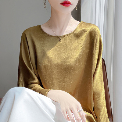 丝绸缎面春夏季新款女装圆领短款宽松大码T恤薄款九分袖上衣背心