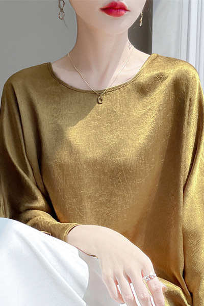 丝绸缎面春夏季新款女装圆领短款宽松大码T恤薄款九分袖上衣背心