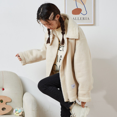 [3件8.5折169.9元,叠加优惠券]唐狮外套女麂皮绒复合仿羊羔毛翻领外套设计感百搭上衣