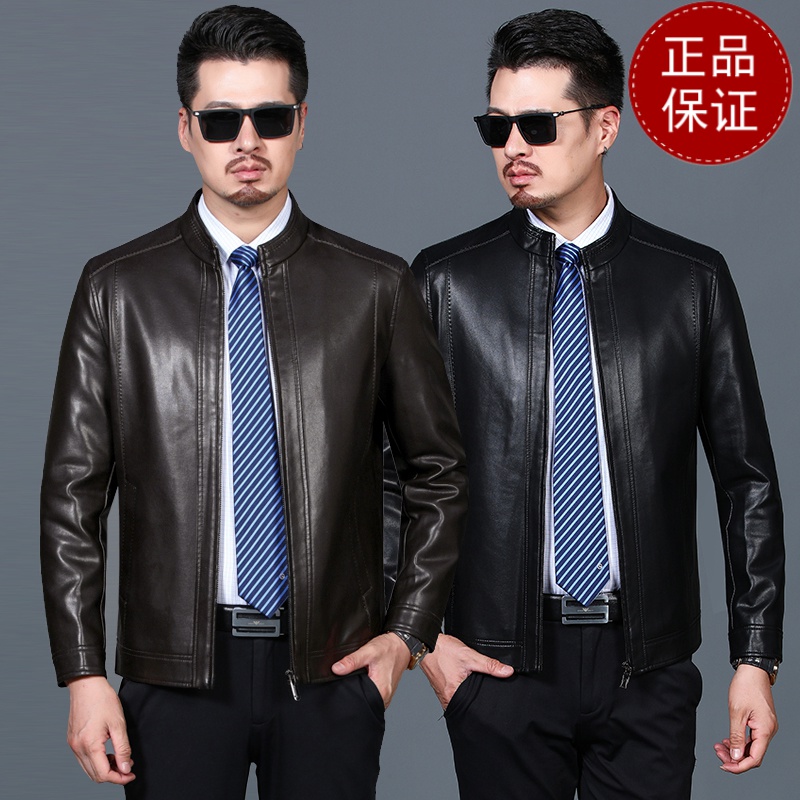 免费试穿 立领男装皮衣春秋装加厚皮夹克加绒爸爸衣服40-50岁中年男人