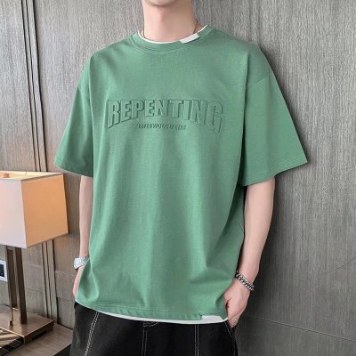 短袖T恤男夏季简约半袖上衣港风宽松立体印花休闲体恤衫休闲百搭