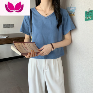 七斓2023夏季新款纯色v领短款短袖T恤女春装高腰小众设计感v领上衣女