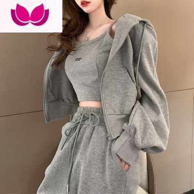 七斓网红炸街休闲运动套装女小个子连帽卫衣束脚裤时尚减龄三件套