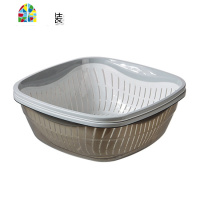 厨房塑料洗菜篮家用镂空洗菜盆菜篮子淘菜盆双层透明水果篮 FENGHOU 灰色方形小号2件套