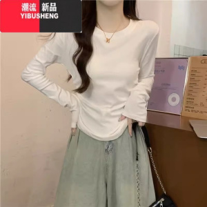 YIBUSHENG春薄款修身收腰t恤女长袖显瘦短款小个子圆领内搭打底衫上衣