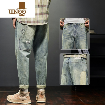 YANXU休闲工装牛仔裤男夏季薄款宽松直筒2023新款款九分长裤子男士