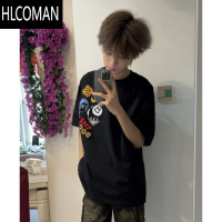 HLCOMAN美式复古刺绣字母勋章国潮牌圆领短袖T恤宽松百搭半袖衫男女
