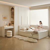 全友家居奶油风榻榻米床衣柜一体小户型家用卧室床柜子组合