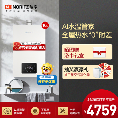 能率(NORITZ)16升零冷水燃气热水器 GQ-16E5FEXQ)天然气 分段燃烧 多维防干扰 降噪强排式